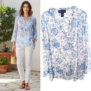 Susan Graver Tunic Top Sz L Blue Floral Metallic Crinkle Semi-Sheer Bell Sleeve